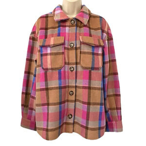 Avec Les Filles Plaid Shacket Pink Tan Shirt  Jacket